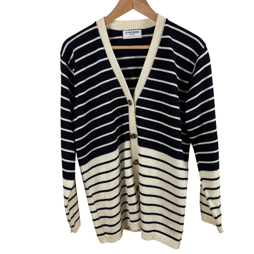 Alfred Dunner Petite Striped Cardigan Sweater‎ Navy Cream V-Neck Women's Size LP